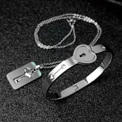 Puzzle Couple Heart Lock Couple Bracelet Necklace Lover Jewelry Set Heart Lock Bracelet Bangle