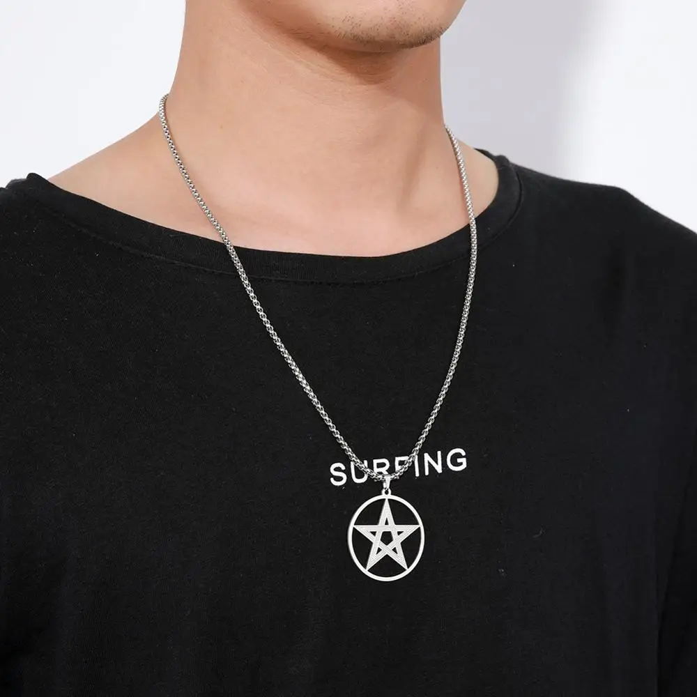 Skyrim Supernatural Pentagram Necklace for Men Stainless Steel Box Chain Pentacle Star Talisman Amulet Pendant Necklaces Jewelry