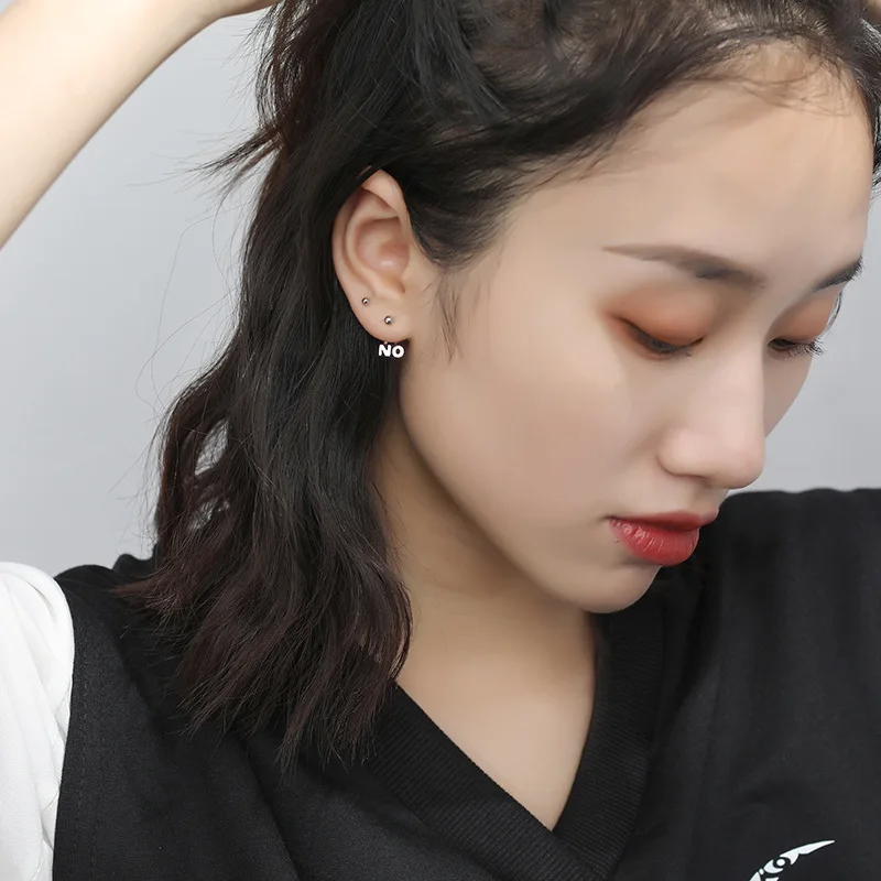 LIVVY Silver Color Japanese-Korean Style YES NO Letter Asymmetrical Ear Stud Woman  Simple Fashion  Exquisite Jewelry