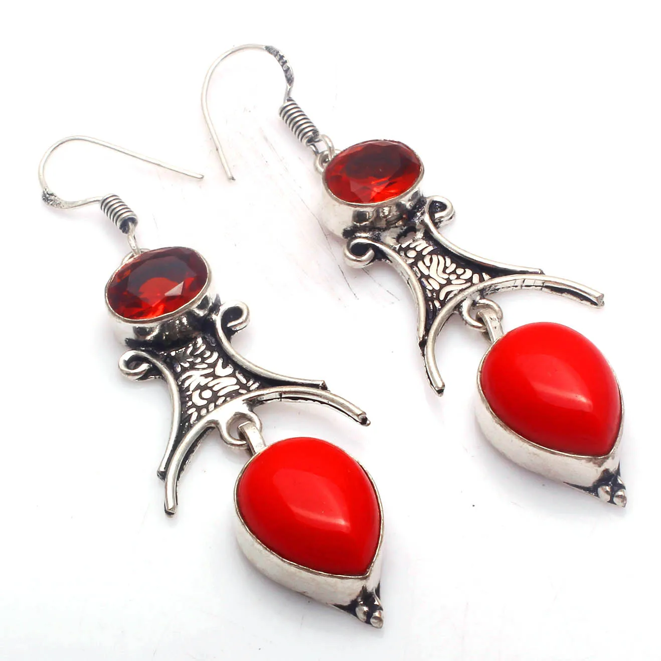 Genuine  Coral + Garnet  Silver Overlay on Copper Earrings ,Hand made Women Jewelry Gift , 67  mm,  E5760