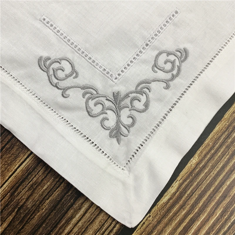 Set of 12 Dinner  Napkins white Hemstitched linen Table Napkin Color Embroidered 20x20-inch