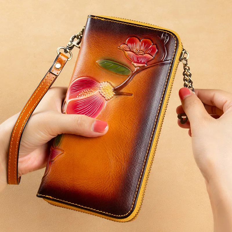 New RFID ladies wallet casual top layer cowhide female hand clutch single zipper wallet long zipper bag for women purse