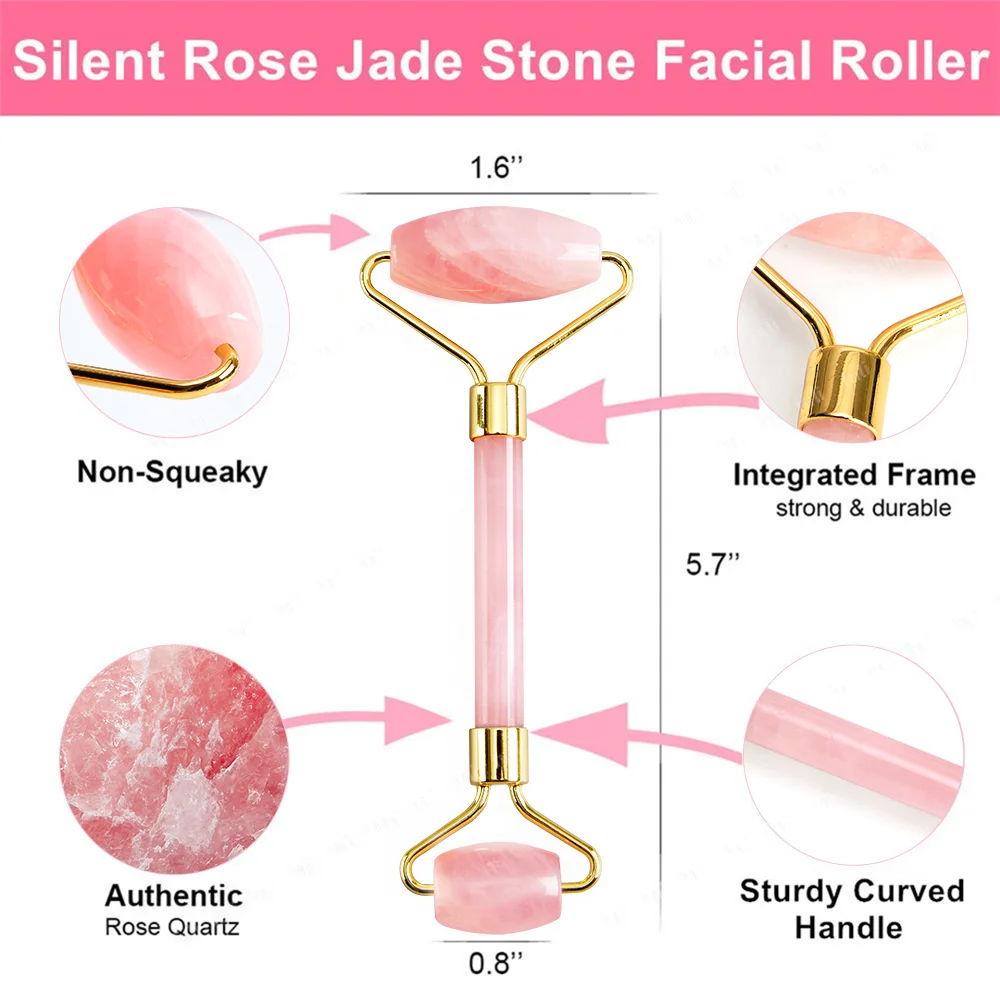 2PCS 100% Rose Stone Guasha Set Facial Roller Stone Board Massager Face Slimming Body Relax Massager Acupuncture Scraper Plate