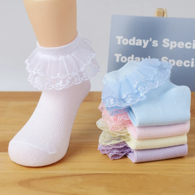 Calcetines de encaje de algodón para niños, medias cortas de baile, malla, flores blancas, volantes, Princesa, primavera y otoño, 3 pares