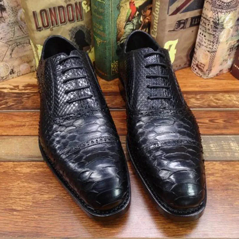 Sipriks Handmade Black Snake Skin Casual Shoes Mens Luxury Italian Goodyear Welted Dress Oxfords Cap Toe Python Wedding Business