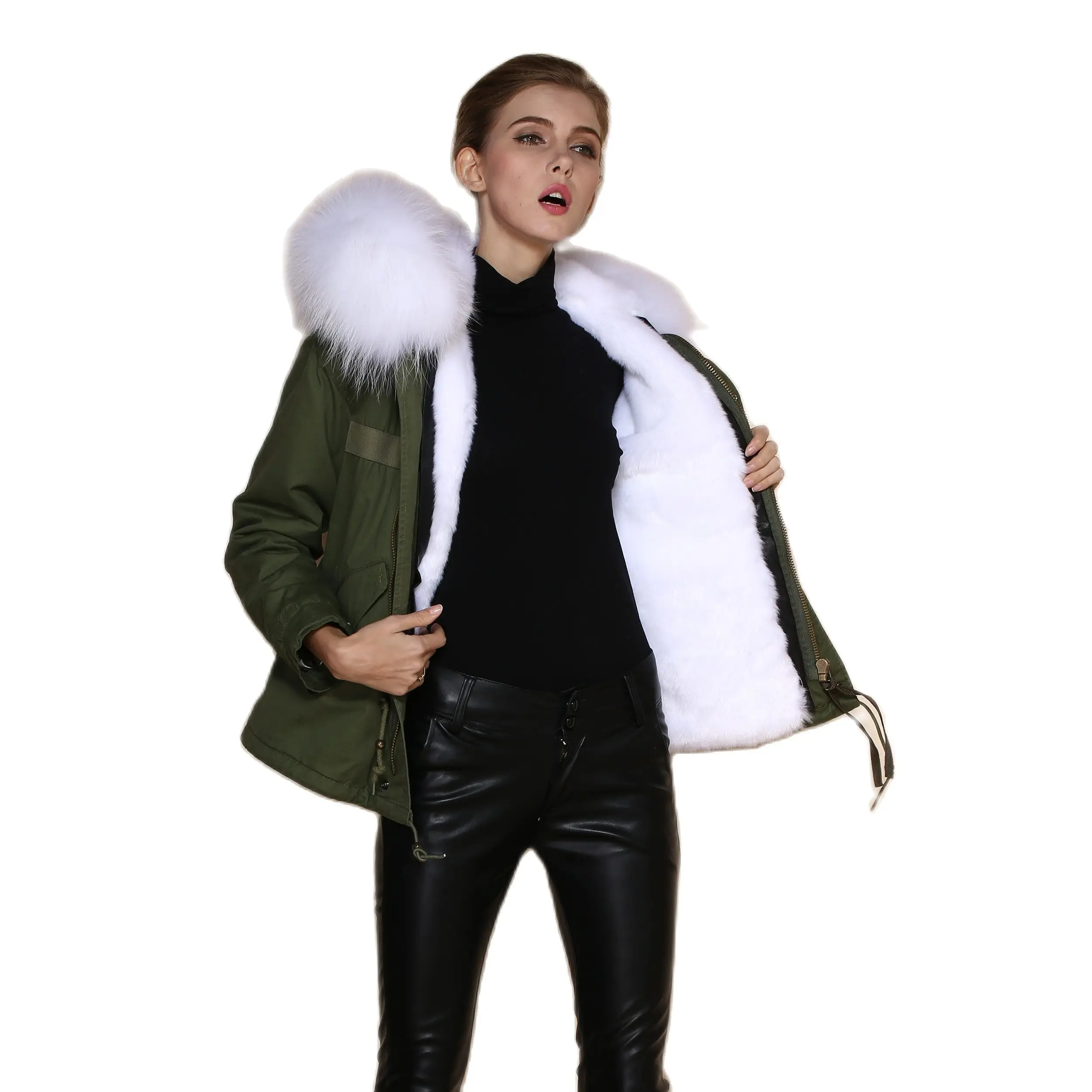 Hot Sale White Faux Fur Lined Parka Winter Short Coat For Women With White Raccoon Fur Collar