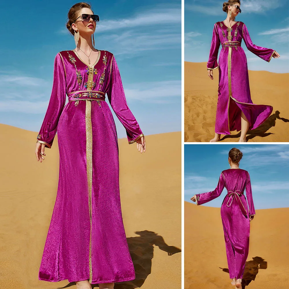 Middle East Muslim Abayas Arabic Rhinestone Women Long Dress Luxury Dubai Party Evening Gown Ramadan Moroccan Turkey Kaftan Robe