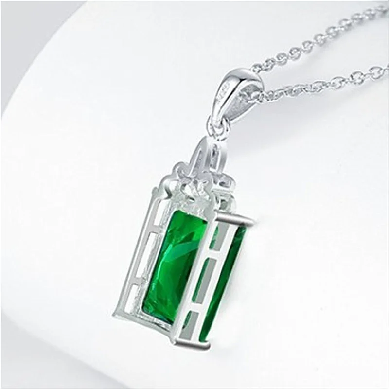 Classic Necklace 925 Silver Jewelry Rectangle Emerald Gemstone Pendant Ornaments for Women Wedding Promise Party Gift Wholesale