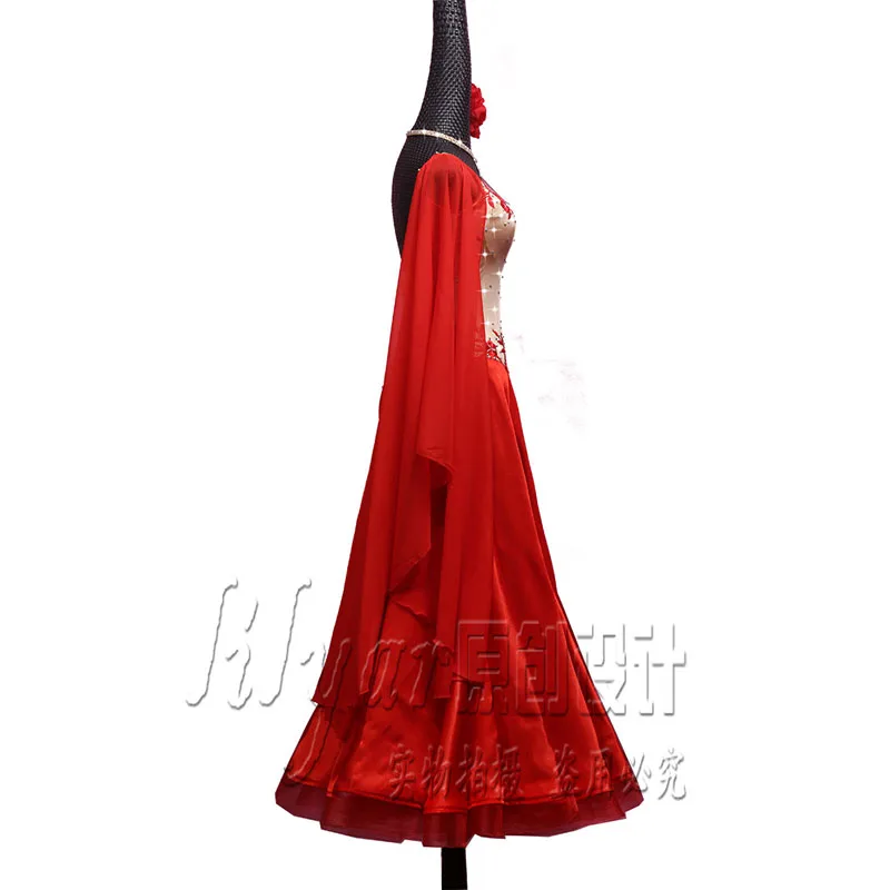 Ballroom Dance Dress Standard Skirt Competition Dress Costumes Performing Dress Customize Adult Children Red Embroidered Skirtes