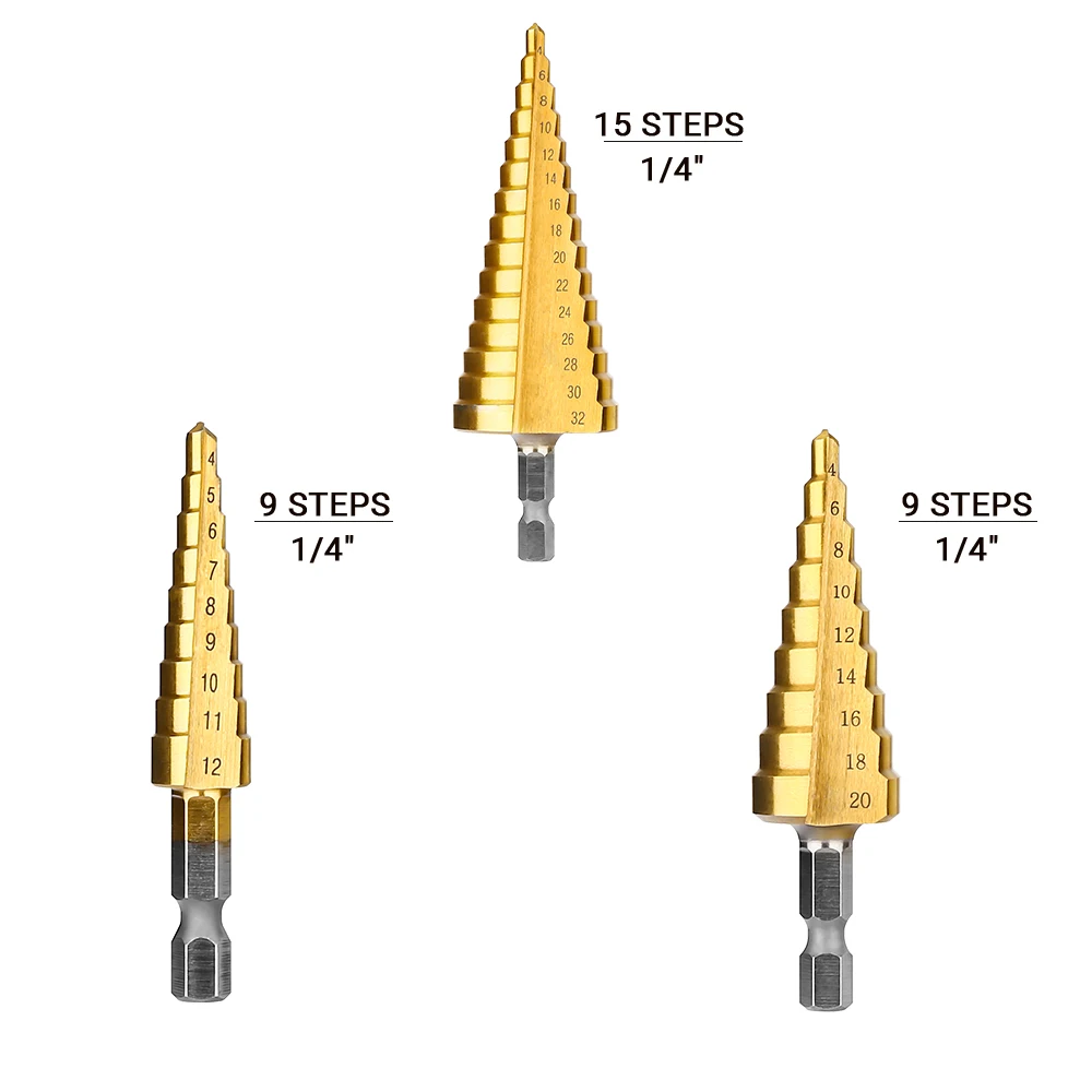 3Pcs/set 4-12mm 4-20mm 4-32mm HSS Straight Groove Step Drill Bit Titanium Coated Wood Metal Hole Cutter Core Drilling Tools Set