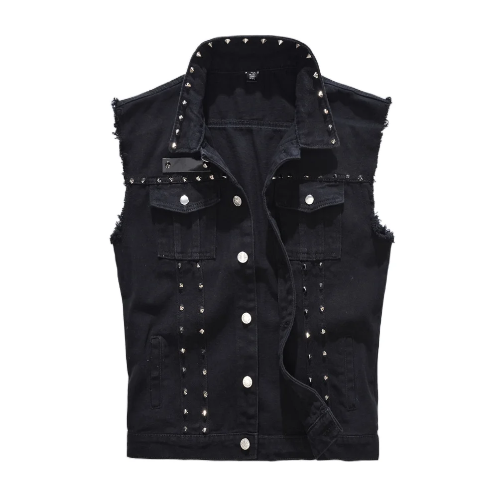 

New 2022 Denim Vest Men Punk Rock Rivet Cowboy Black Jeans Waistcoat Fashion Men Motorcycle Style Sleeveless Jeans Jacket M-6XL