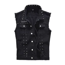 Chaleco vaquero con remaches para hombre, chaqueta sin mangas estilo motero, Punk Rock, color negro, M-6XL, novedad de 2022