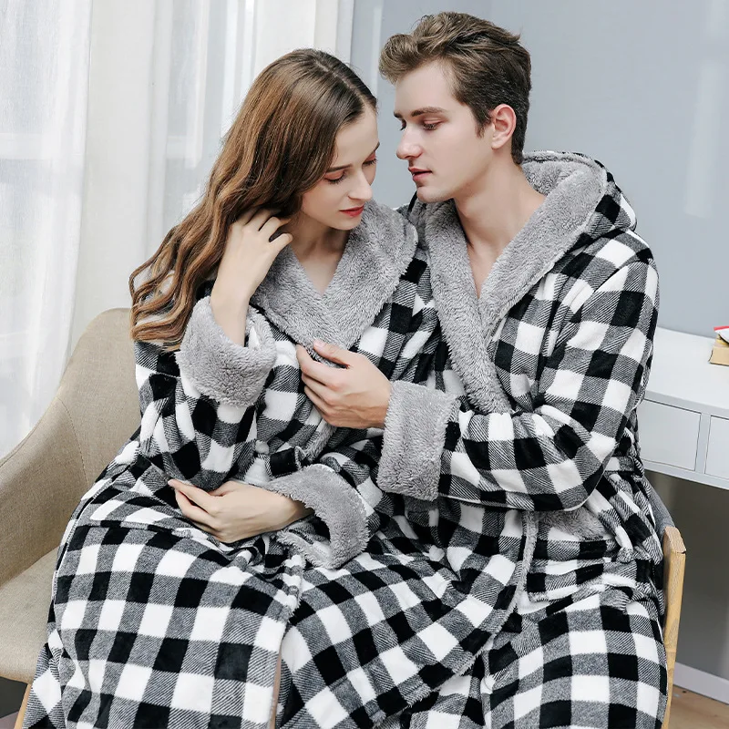 Men Women Winter Housecoat Cosy Hooded Robes Long Fluffy Fleece Plaid Dressing Gown