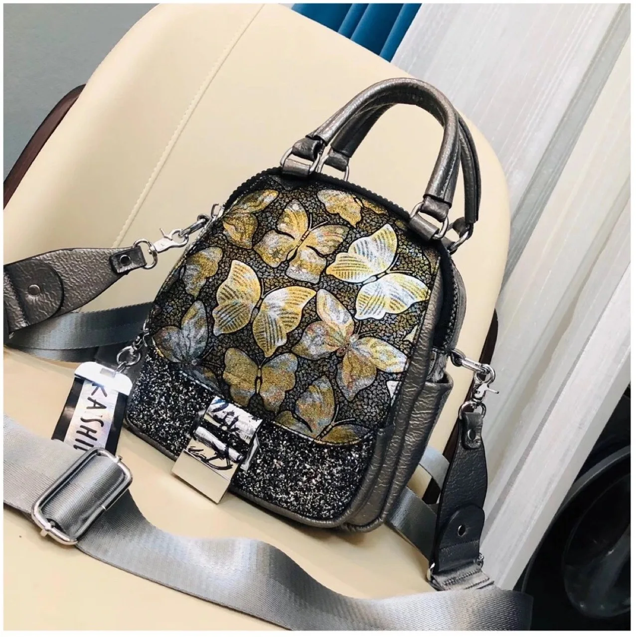 Women Vegan Leather Butterfly Small Size Backpack Female PU Leather Rhinestone Multi-pockets Travel Convertible Handbag Daypack