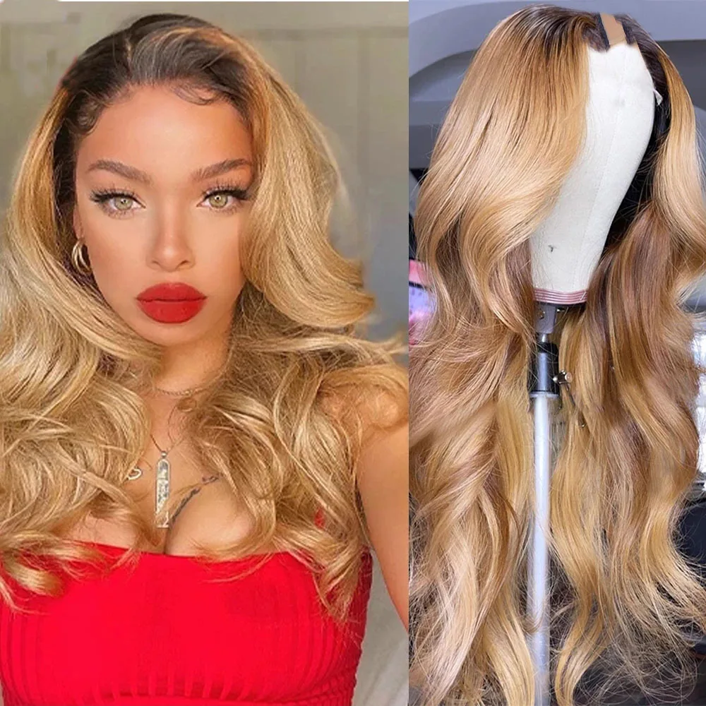 Ombre Honey Golden Blonde Body Wavy V Part Wigs Middle/Side Open Unprocessed 100% Human Hair Wig Wave Brown U Shape Full End 30'