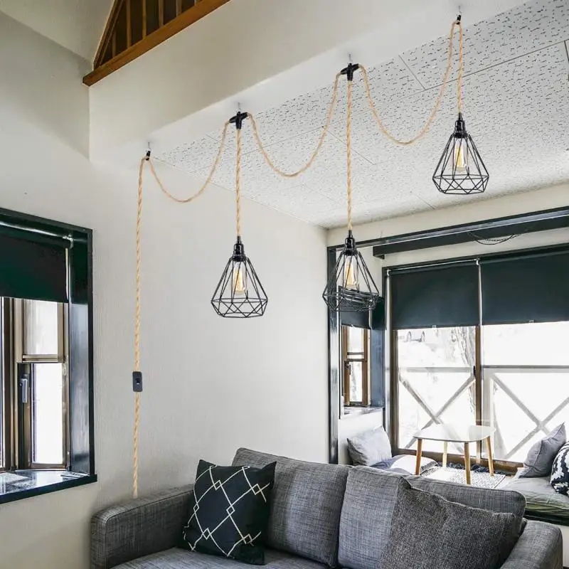 Industrielle Vintage Loft Stil Hanf Schnur Abgedeckt Netzkabel Lampe Halter Schnur Sets 3 Köpfe Kronleuchter Industrielle Küche Anhänger