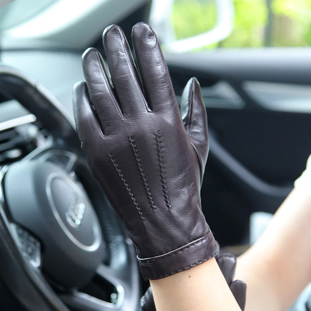 Real Leather Gloves Male Autumn Winter Thermal Plushed Lined Fashion Black Men Sheepskin Driving Gloves XXL Size M037NC