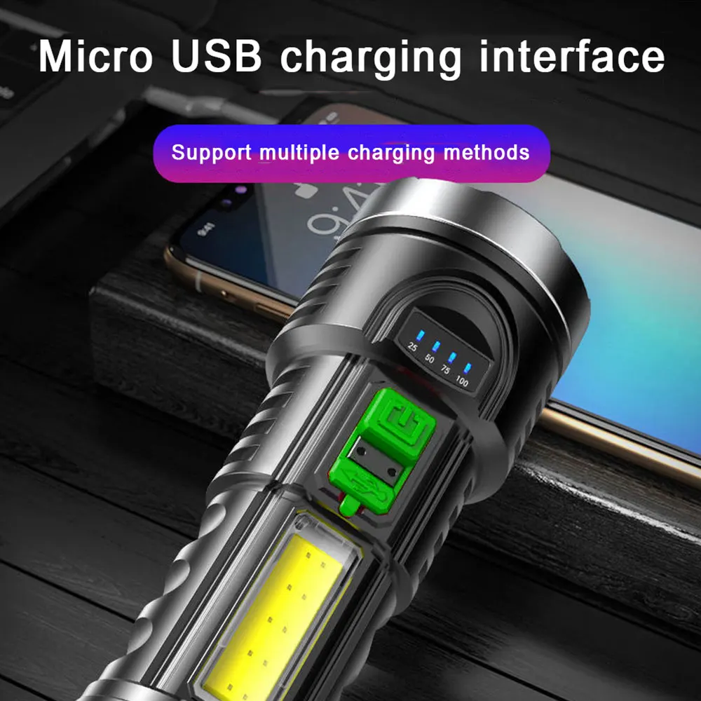 Torcia a LED ricaricabile USB 4 modalità torcia integrata a LED usb 18650mAh batteria al litio torcia a luce intensa per campeggio all'aperto