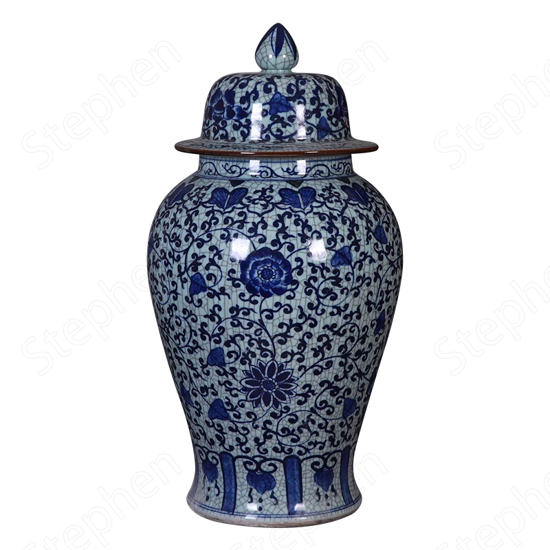 73cm Large Floor Ceramic Vase Chinese Vintage Ice Cracked Texture Blue and White Porcelain Flower Vases Ornament Home Decoration