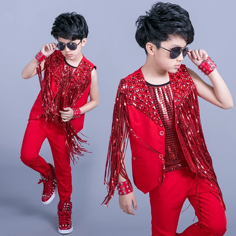 Jazz Dance Costumes Boys Red Fringed Coat Kids Hip Hop Street Dancewear Children Rave Clothes Performance Stage Outfit DNV11848