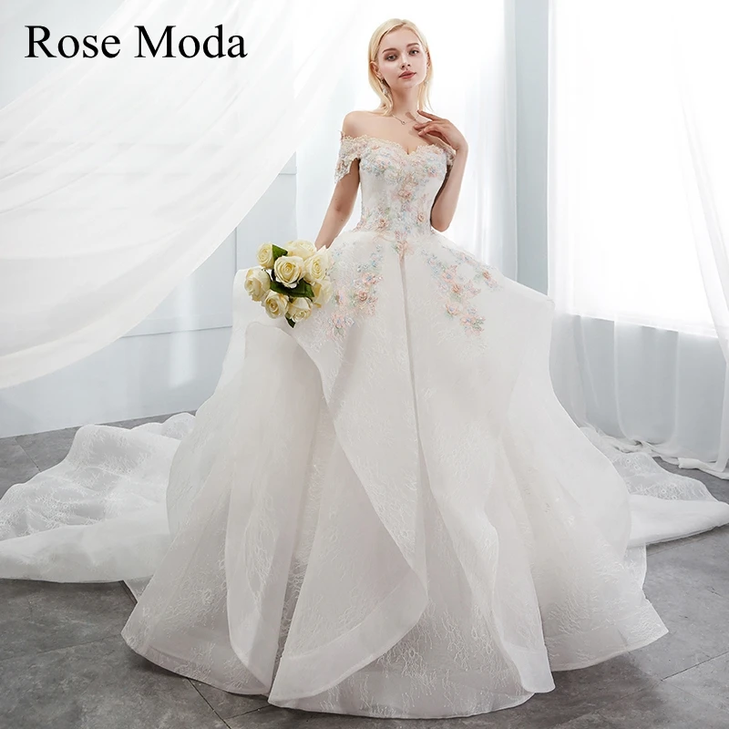 

Rose Moda Stunning Off the Shoulder 3D Flower Colorful Lace Wedding Dress Cathedral Train Custom Make