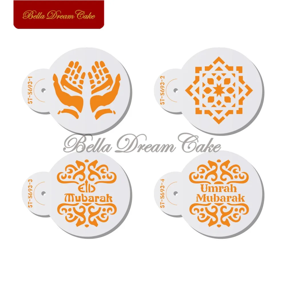 4 pz/set Eid Mubarak Hajj biscotti Stencil torta al caffè Stencil Template biscotti stampo per fondente strumenti per decorare la torta Bakeware