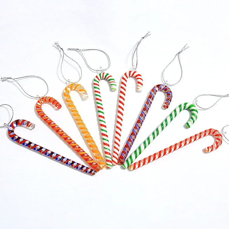 Hanging handmade glass Christmas candy cane pendant colorful cute walking stick ornaments gifts Christmas tree decor accessories