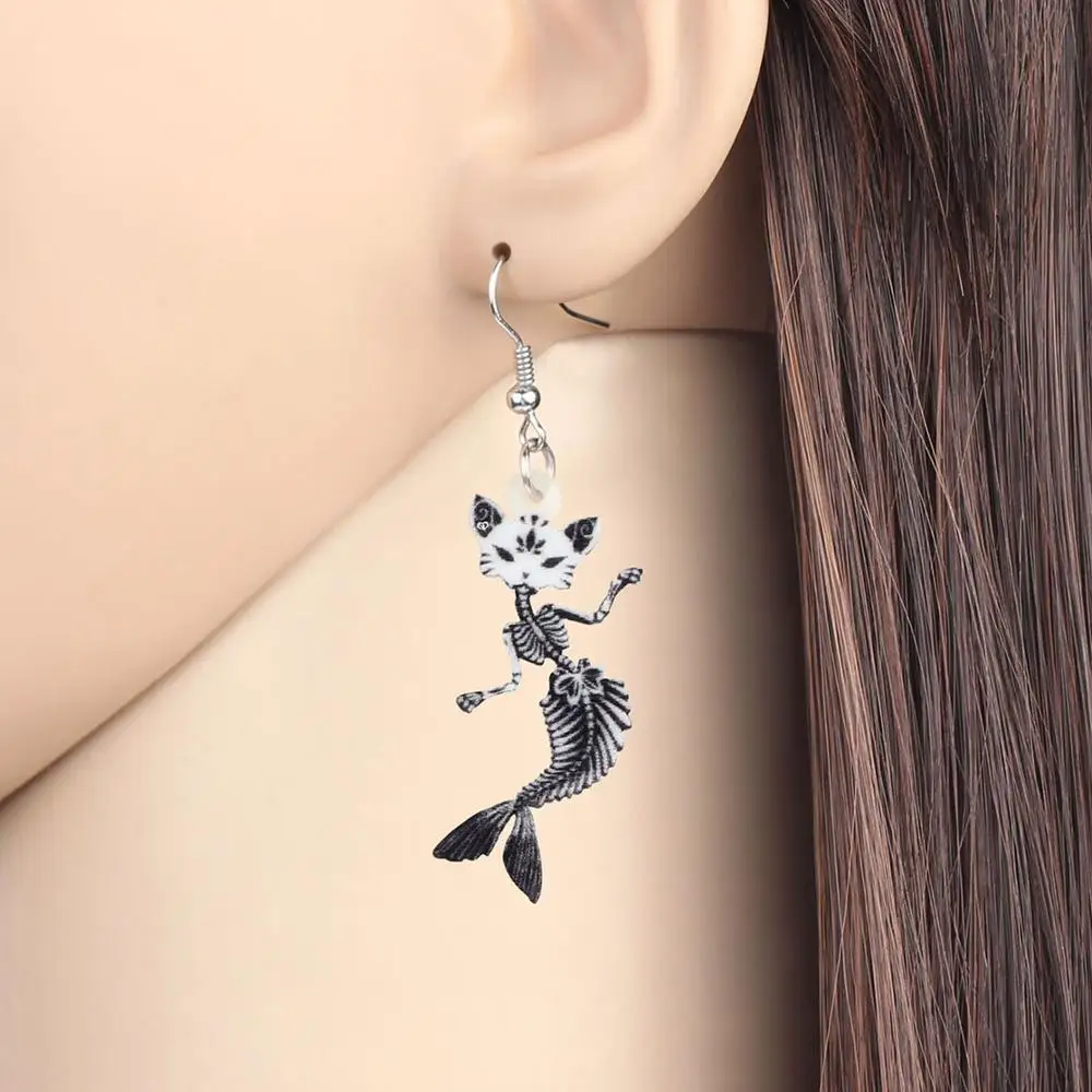 WEVENI Acrylic Halloween Gray Cat Fish Skull Earrings Cute Skeleton Dangle Drop Jewelry For Women Girls Trendy Gift Accessories