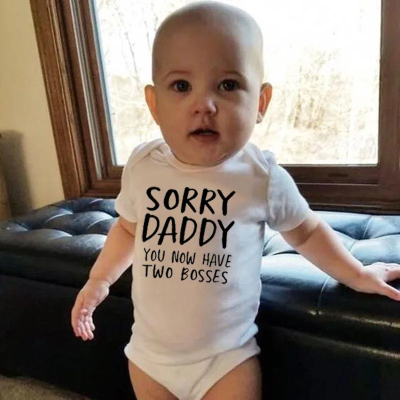 0-24M Sorry Daddy You Know Have Two Bosses Print Funny Newborn Baby Cotton Romper Infant Bebe Boy Girl Short Sleeve Jumpsuit