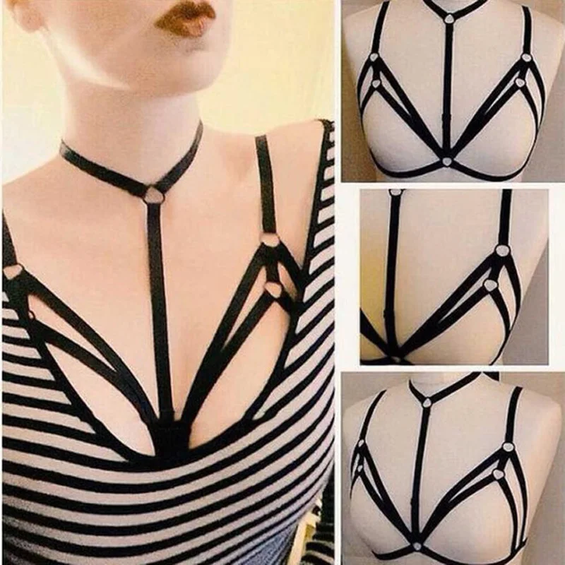 Wholesale 2pcs Black Fashion Street Punk Gothic Body Harness Elastic Bra Top See Through Strap for Women Lingerie Belt