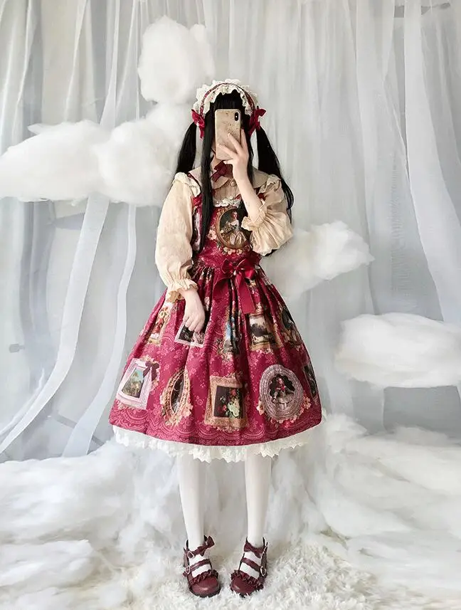 Drukowanie wysokiej talii sukienka w stylu wiktoriańskim kawaii dziewczyna gothic lolita jsk loli księżniczka z pałacu słodka sukienka lolita koronka w stylu vintage bowknot