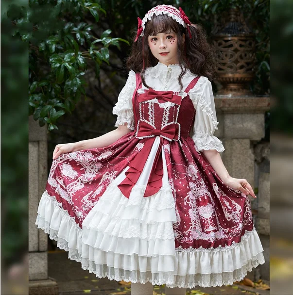 Vintage elegante süße lolita kleid spitze bowknot hohe taille druck strickjacke viktorianischen kleid kawaii mädchen gothic lolita jsk loli