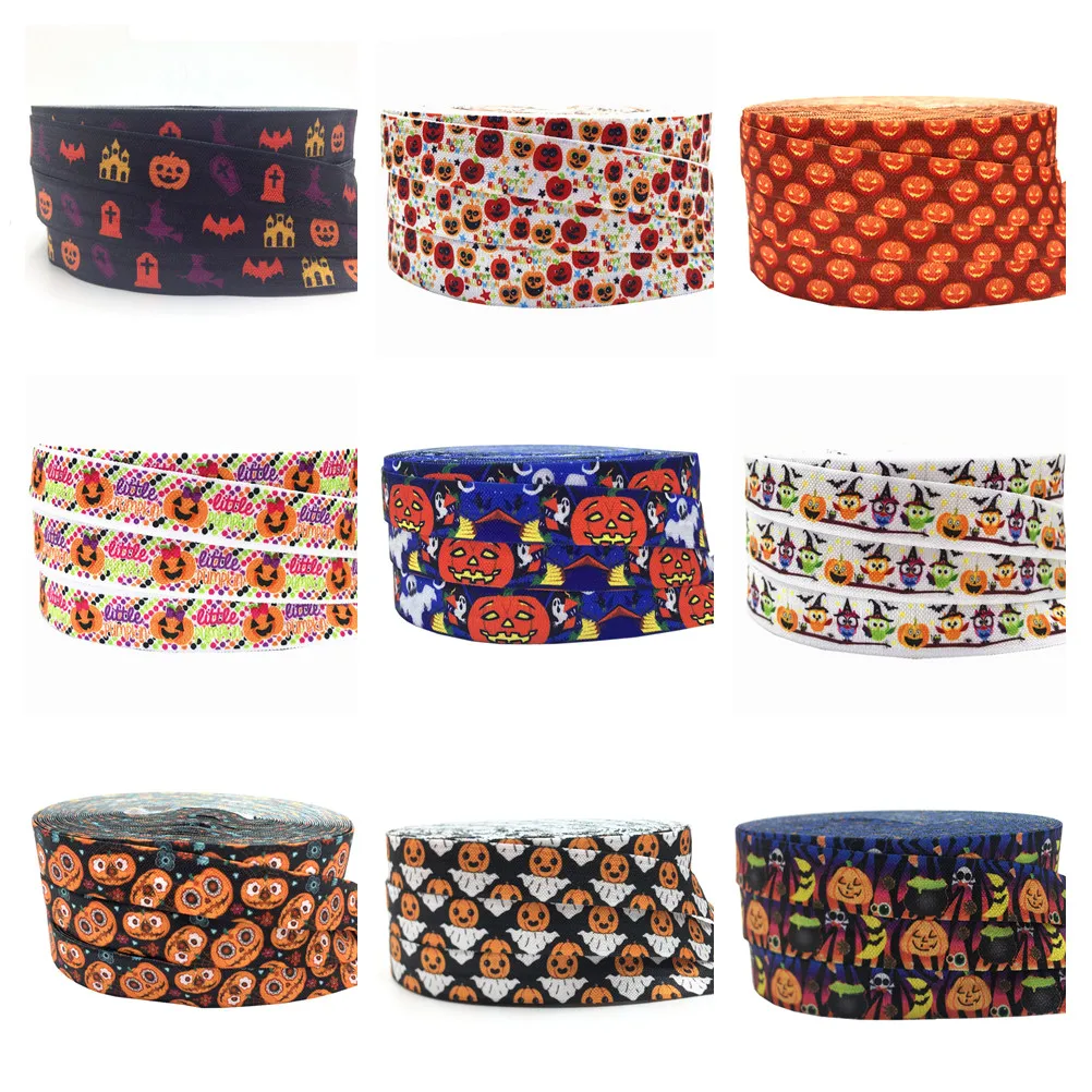 5Yard 16mm Pumpkins Print Halloween Fold over Elastic Band Sewing Tape Handmade Crafts Accessories DIY Baby Headband Hair Ties