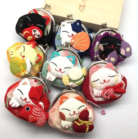 2019 100pcs fast shipping Girls Cute Coin Purse Lucky cat Mini Wallet Bag Hasp Open Japanese Styel Japan Wind 8 style Optional