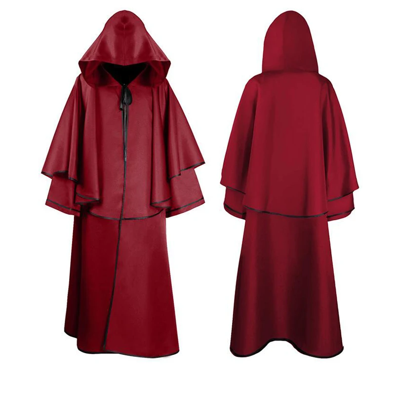 Halloween Medieval Vampire Pastor Grim Reaper Hooded Cloak Robe Cosplay Costume Masquerade Clothes White Red Black Blue