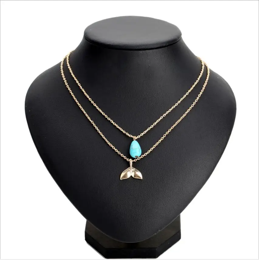 أزياء المرأة مزدوجة الطبقات قطرة الماء الفيروز وذيل حورية البحر قلادة القلائد الذهب سلسلة مجوهرات هدايا S1971 #2