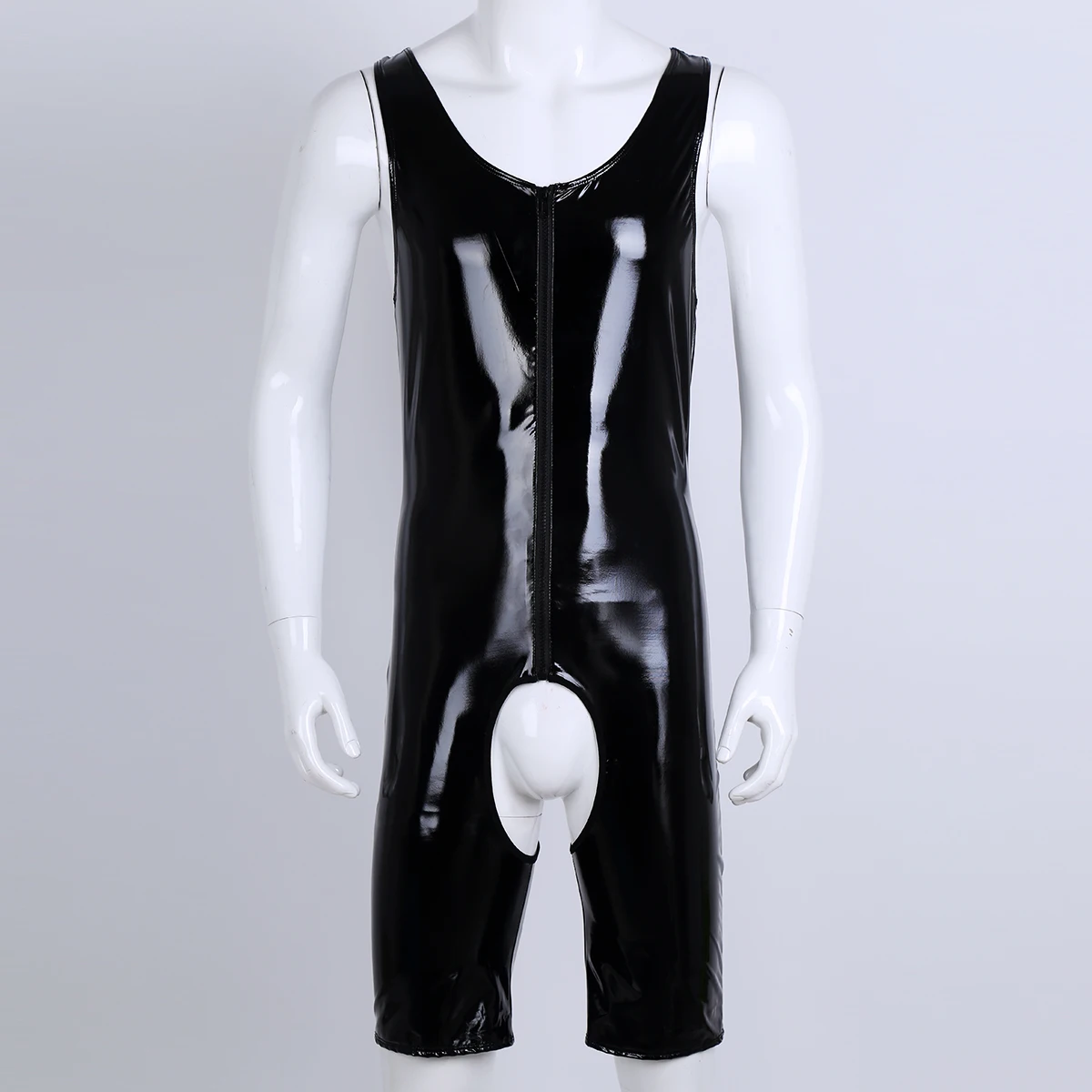 Sexy Mens Singlet Wetlook Patent Leather One-piece Sleeveless Front Zipper Crotchless Singlet Boxer Leotard Bodysuit Underwear