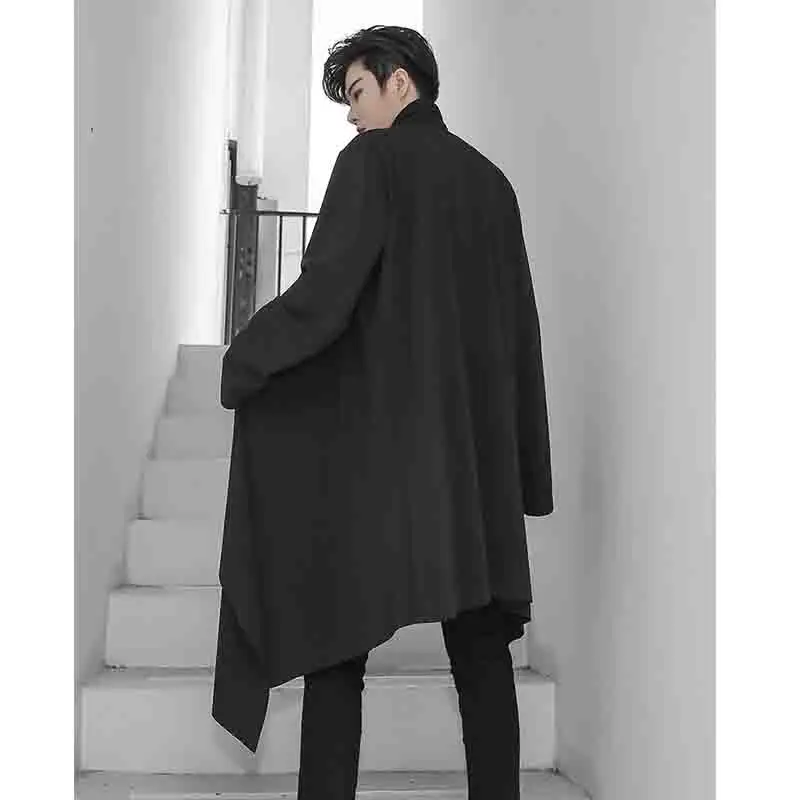 Men's cardigan spring and autumn long loose windbreaker men's casual coat shawl youth trend black large size