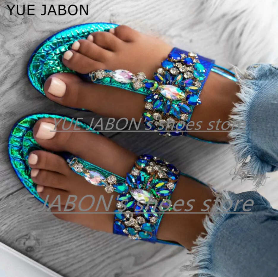 New Blue Woman Sandals Boho Crystal Shoes Transparent PVC Beading Flat Sandals Women Bohimia Beach Shoes Chaussure Plus Size 43