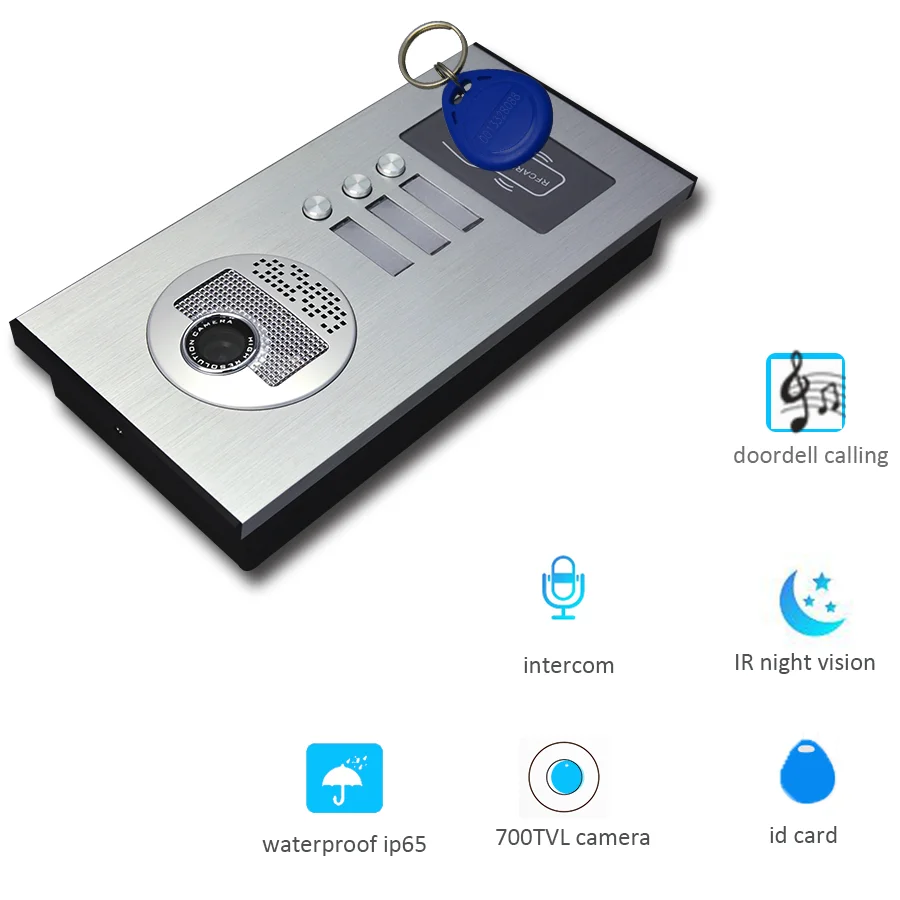 7 Inch Door Intercom Multi-apartment System Video Doorbell Door Phone RFID Keyfob Kits for 3 Unit apartments IR Night Waterproof