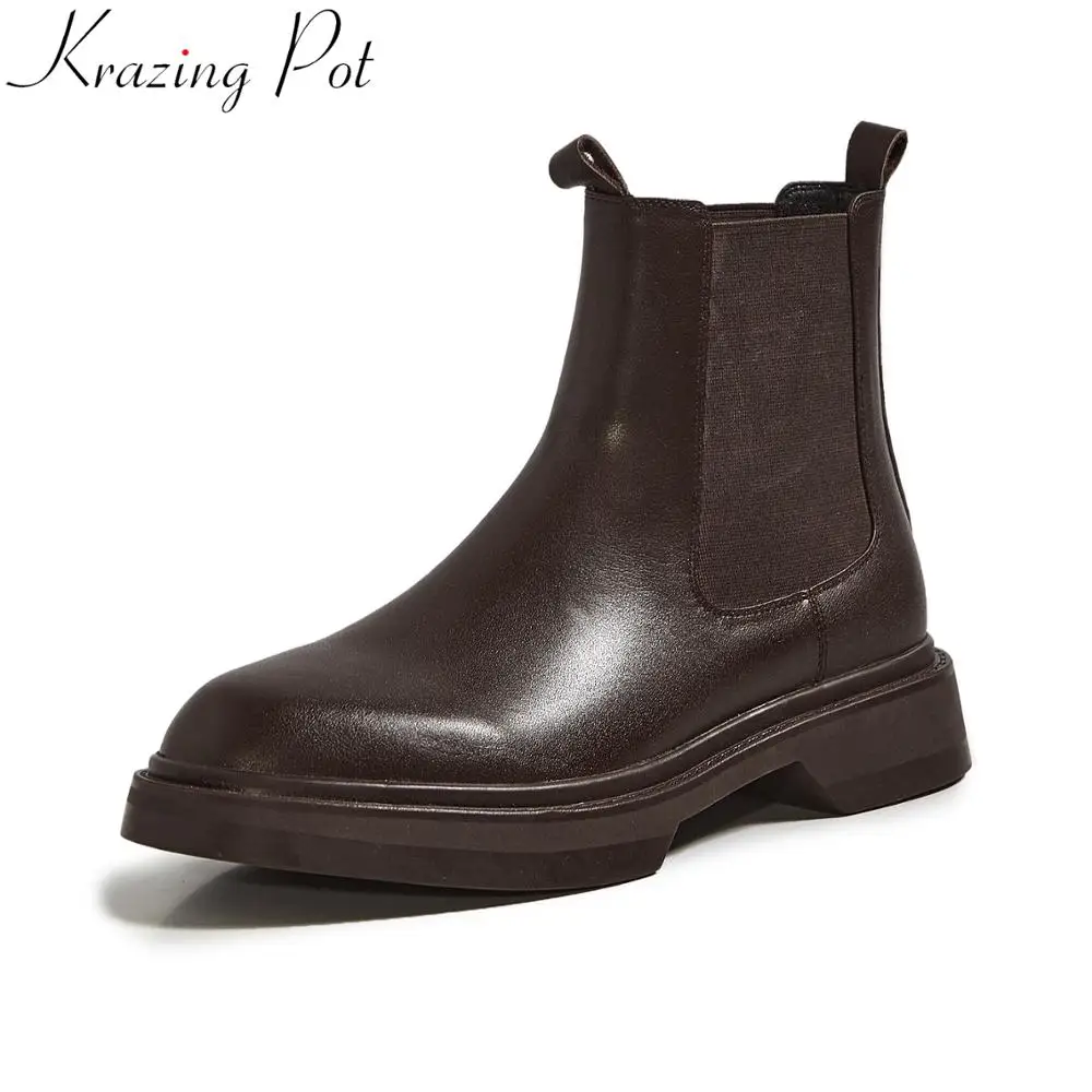 Krazing Pot Comfortable Cow Leather Round Toe Chelsea Boots Med Heels Platform Winter Shoes Runway Dress Leisure Ankle Boots