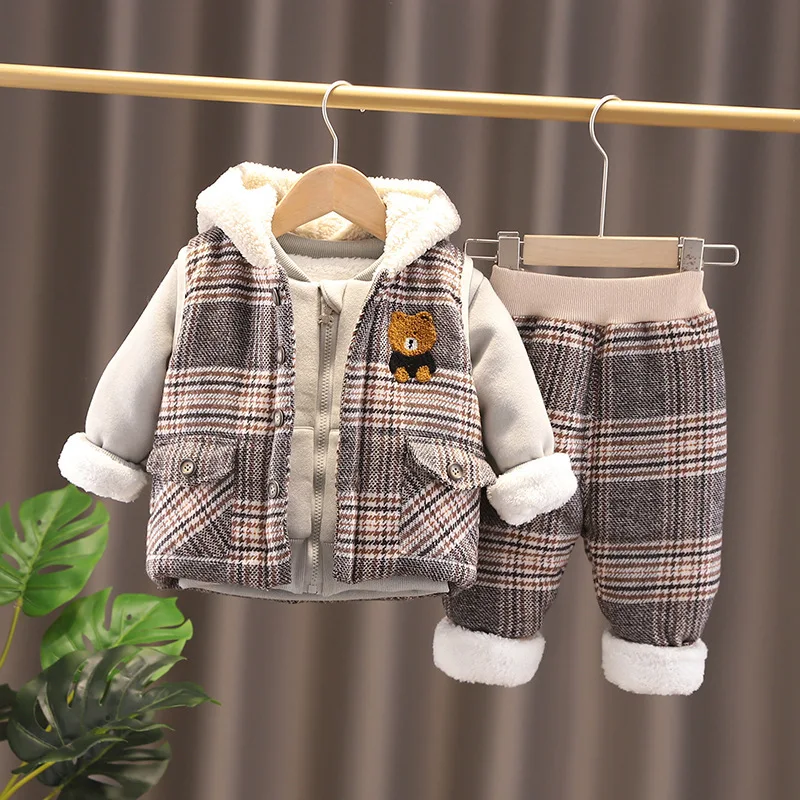 Children's Winter Clothing Set for Boys 2021 New Plush Thickened Three Piece Small Kids' Warm Suit Toddler Clothes Fashion