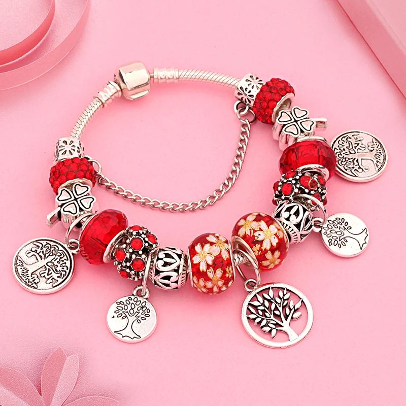 Romantic Red Flower Tree Couples Charm Bracelet for Wife Girl Women Silver Color Round Tree of Life Bead Bracelet DIY Pulseira