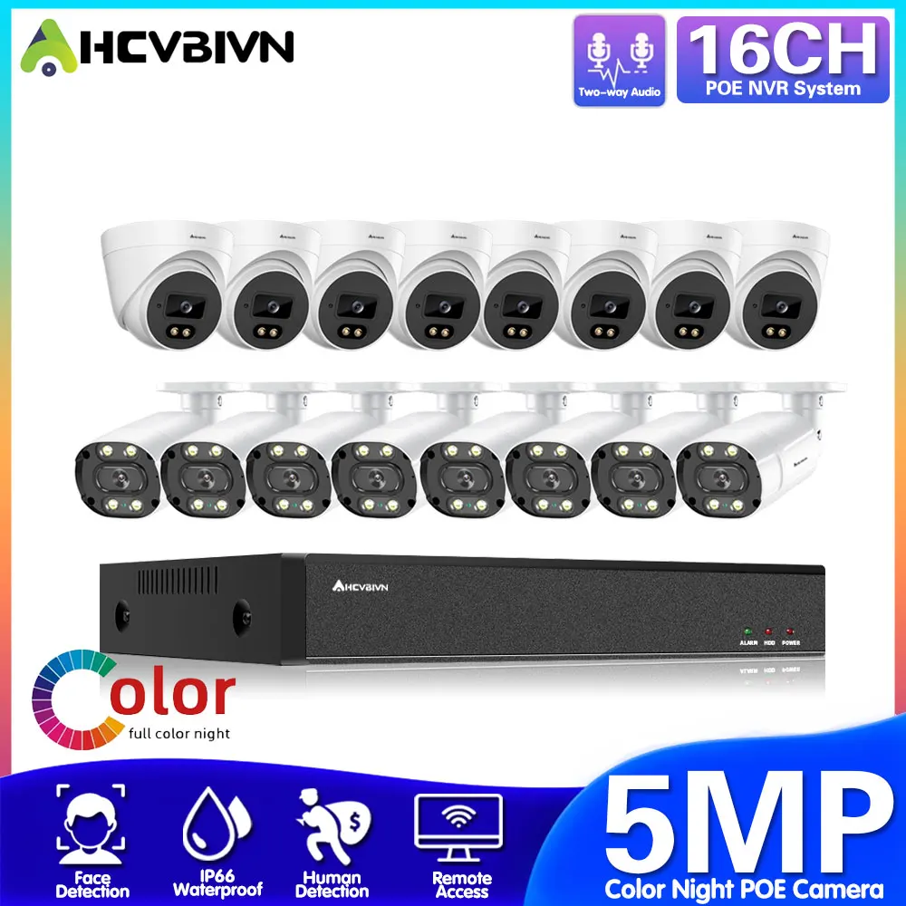 

16CH CCTV Camera System Set 4K POE NVR Kit 5MP Outdoor Color Audio POE IP Bullet/Dome Security Surveillance Camera System Kit