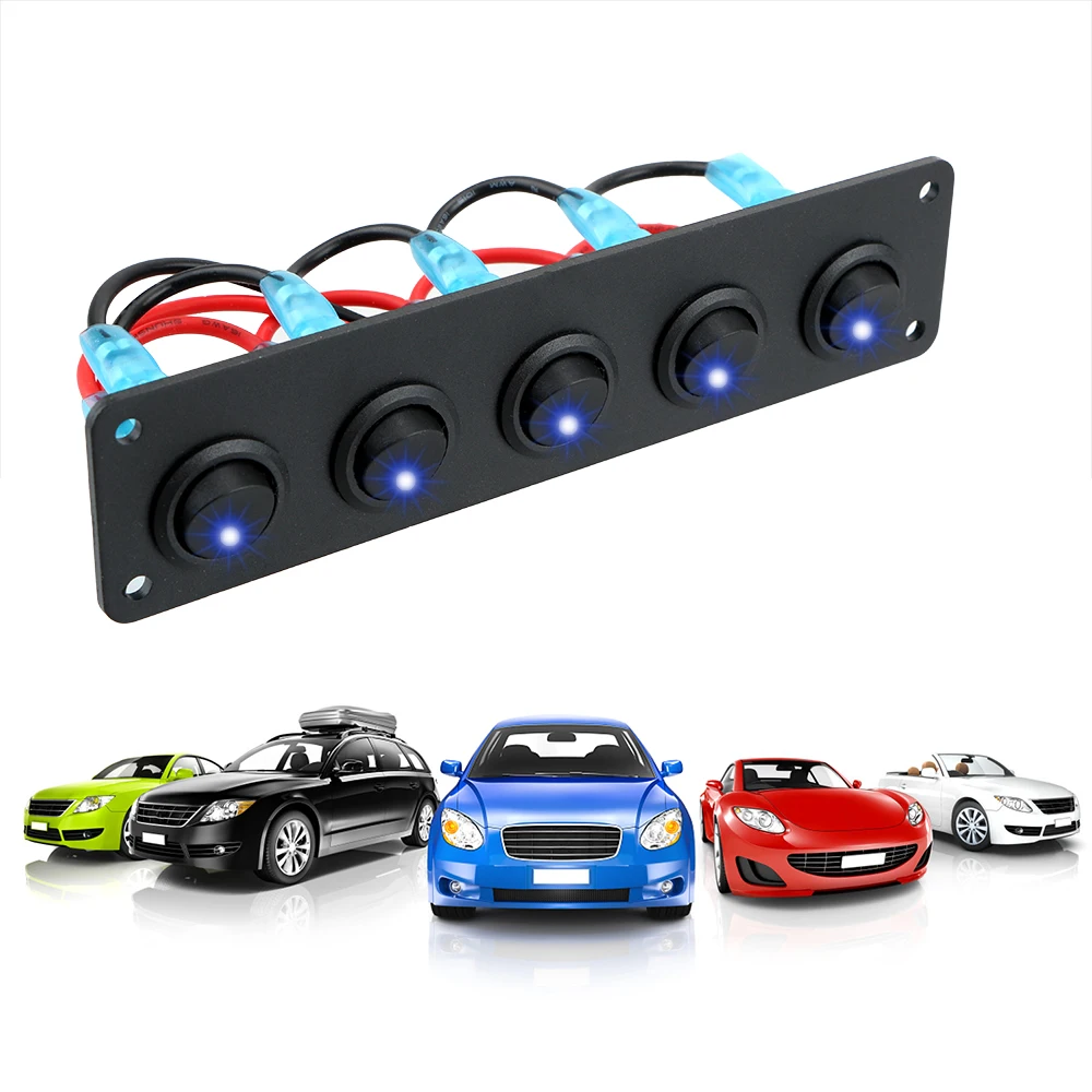 For RV Boat Yacht Marine Car Marine Round Dash Rocker Toggle Switch Panel Outlet Combination Waterproof Blue LED 12-24V 5 Gang