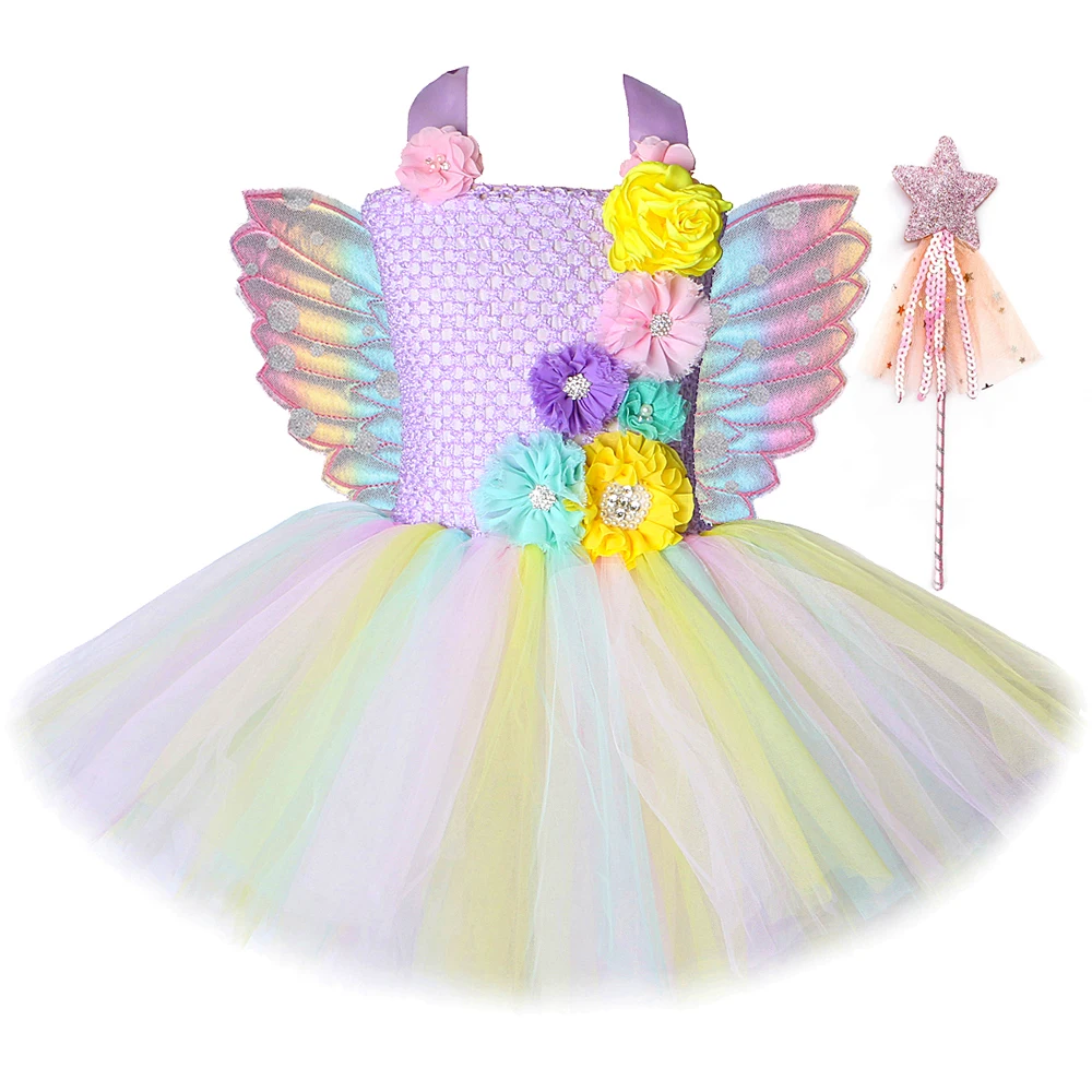 

Flower Girl Fairy Tutu Dress with Wing Princess Birthday Costume for Kids Pastel Macaron Dresses Girls Halloween Carnival Outfit