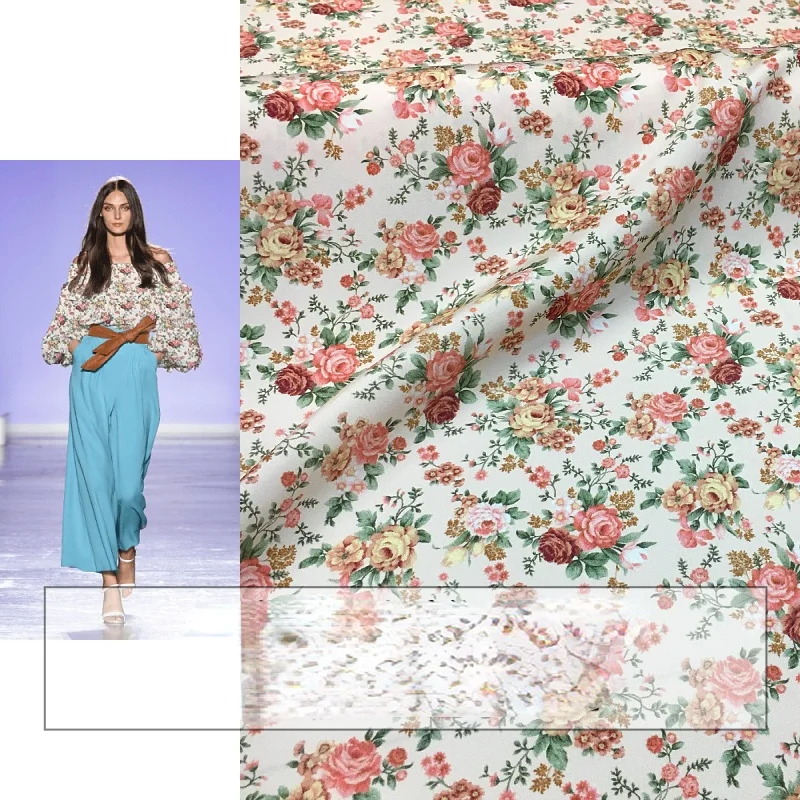 

Small rose floral print sand foundation digital printing fabric natural mulberry silk high fashion textile for dress sewing