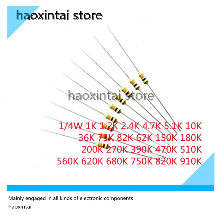 Película de carbono 1000 piezas, anillo de cuatro colores, resistencia 1K, 1/4 K, 1,2 K, 2,4 K, 4,7 K, 10K, 36K, 75K, 82K, 62K, 5,1 K, 150K, 180K, 200K, 270K, 390K 470K-910K