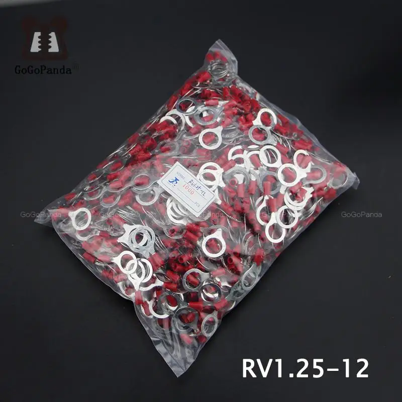 1000PCS RV1.25-(3 4 5 6 8 10 12) Red Ring Insulated Terminal Cable Crimp Terminal Suit 0.5-1.5mm2 Cable Wire Connector 22-16 AWG