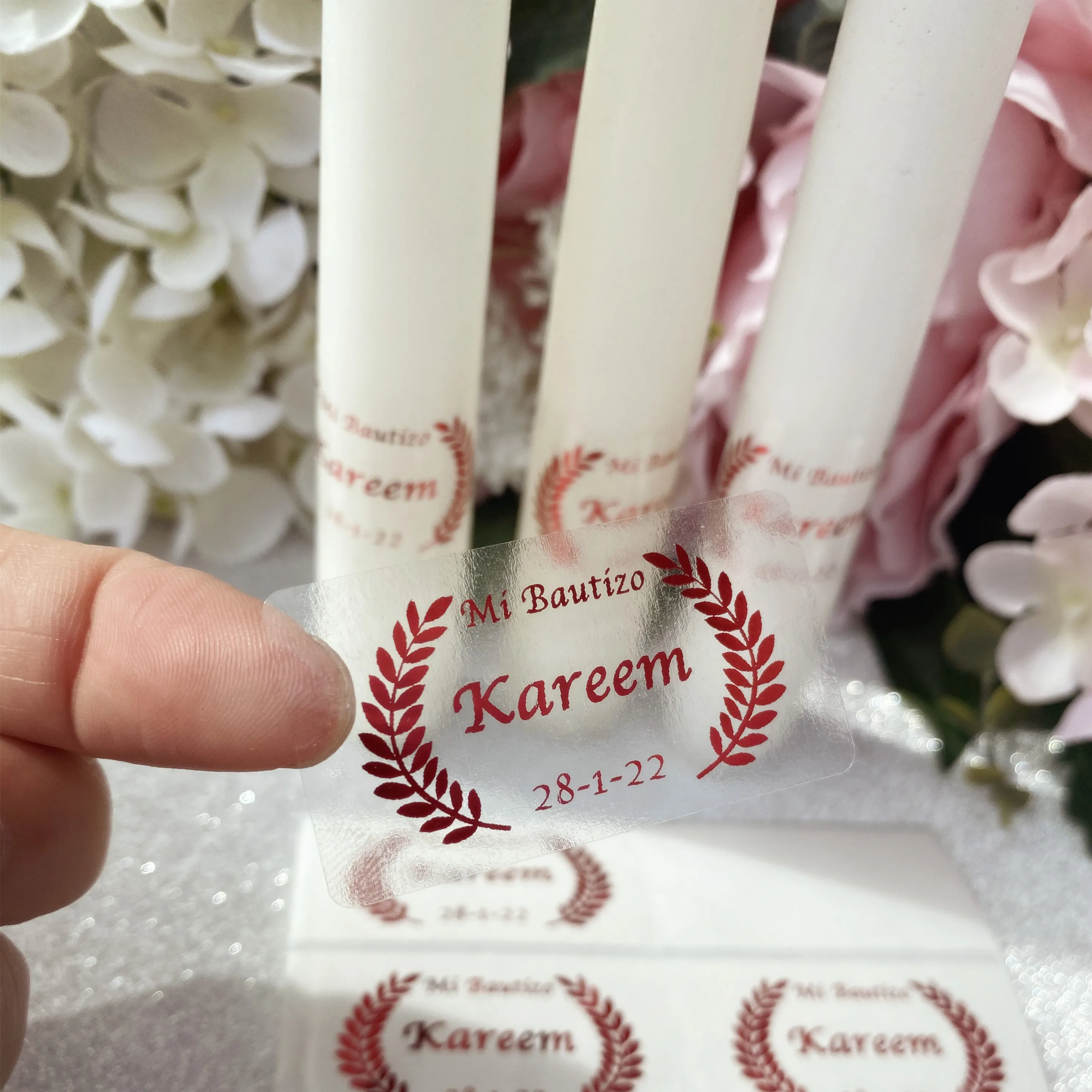 4 Personalised My Baptism Tapered Candles Labels Christening Wedding Unity Memorial Naming Long Candles Stickers decorations